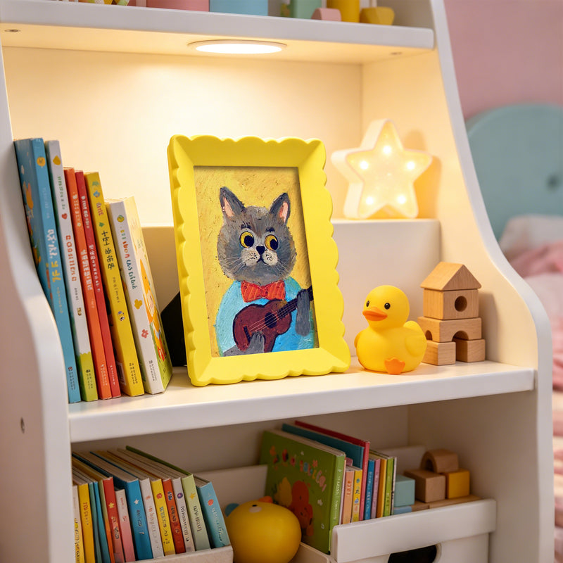 Children's bookshelf with books, toys, and a framed picture of a cat playing guitar.