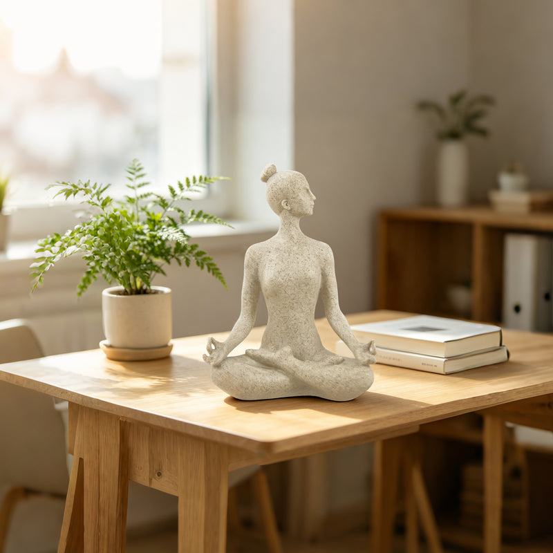 Yoga Lady Sculpture, Beige Meditation Yoga Statues for Shelf Table Mantel Decor, Decorative Pieces for Zen Garden Yoga Studio, 9.5 inch Tall