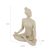 Beige meditating statue with dimensions on a white background