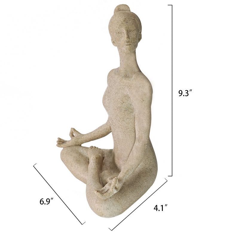 A beige yoga lady statue in a meditation pose, 9.5 inches tall, with a textured surface resembling sandstone.