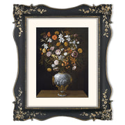 Framed artwork of a still life with flowers in a vase on a black background.