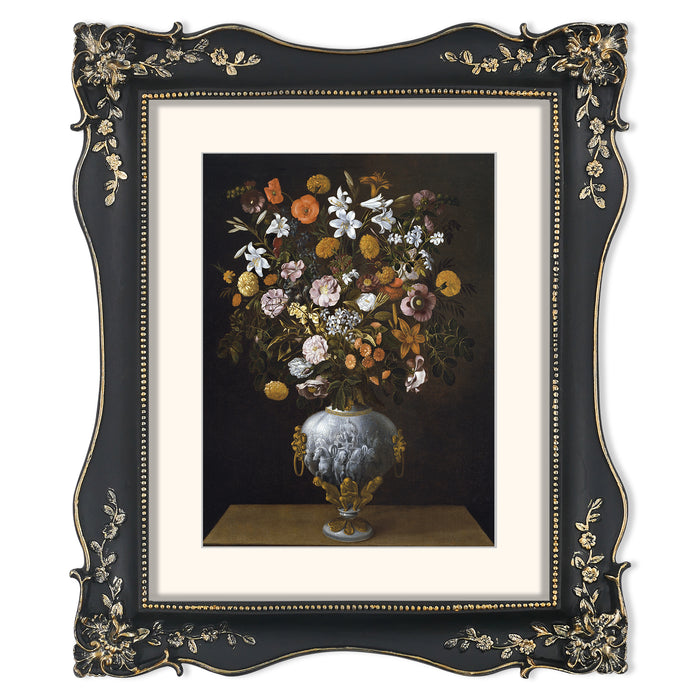 Framed artwork of a still life with flowers in a vase on a black background.