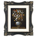 Framed artwork of a still life with flowers in a vase on a black background.