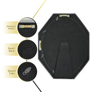 Octagon-shaped picture frame with oval opening in black and gold finish.