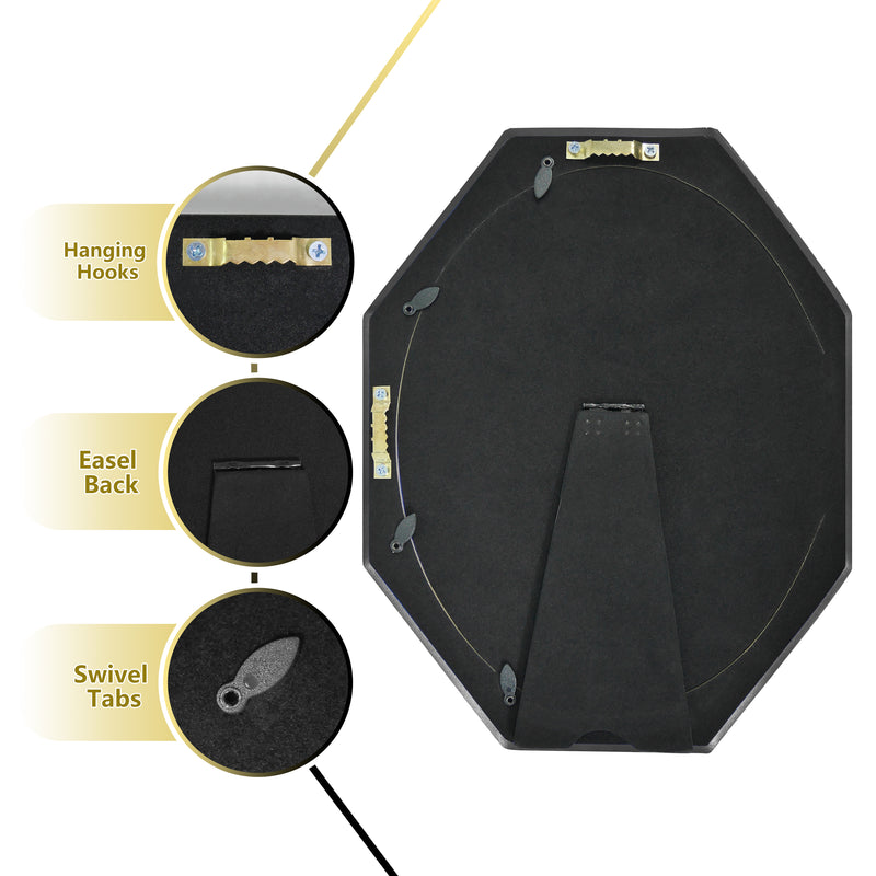 Octagon-shaped picture frame with oval opening in black and gold finish.
