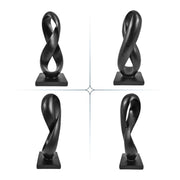 Four views of a black twisted sculpture on a white background.