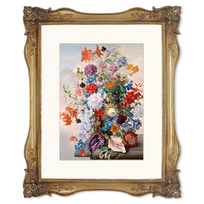 Decorative gold frame with a colorful floral painting inside.