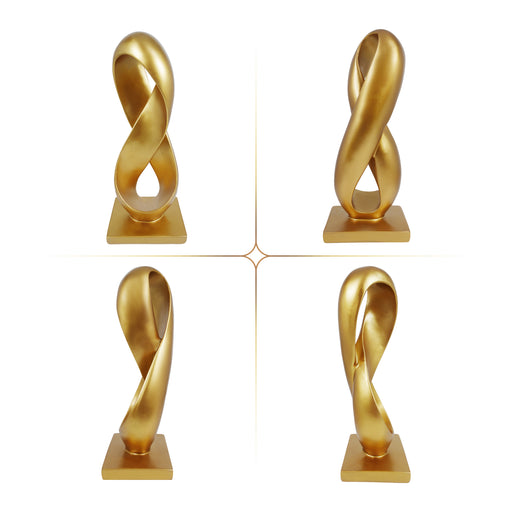 Four views of a gold abstract sculpture on a white background.