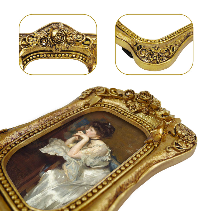Vintage Gold Picture Frame 2.5x3.5, Hand-Painted Small Frames for Tabletop or Wall Display