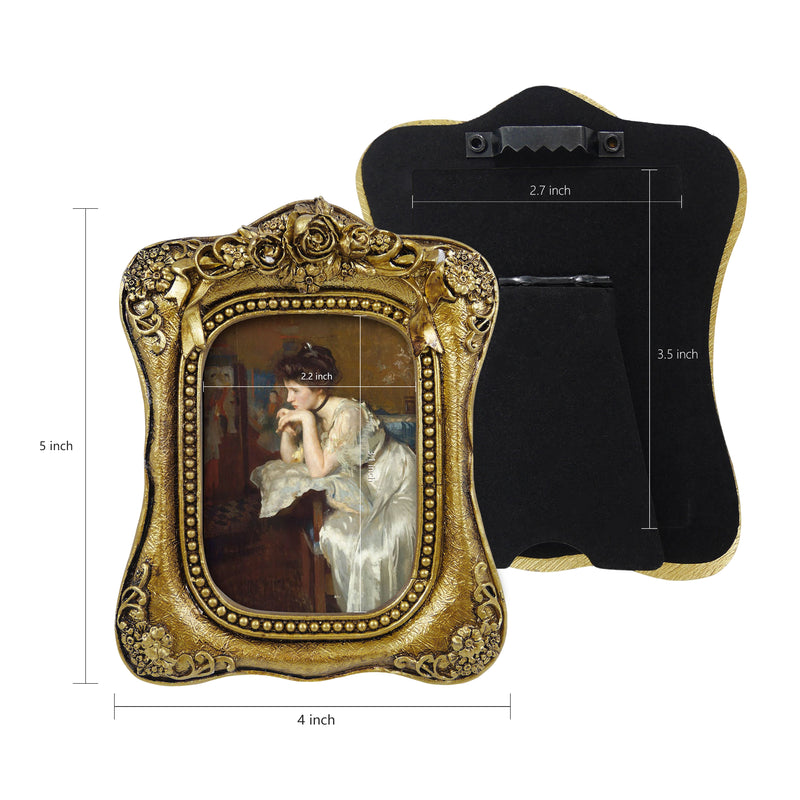 Vintage Gold Picture Frame 2.5x3.5, Hand-Painted Small Frames for Tabletop or Wall Display