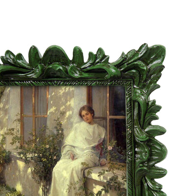 Green vintage 4x4 hand-painted picture frame with symmetric floral border for wall and tabletop display, hand-painted