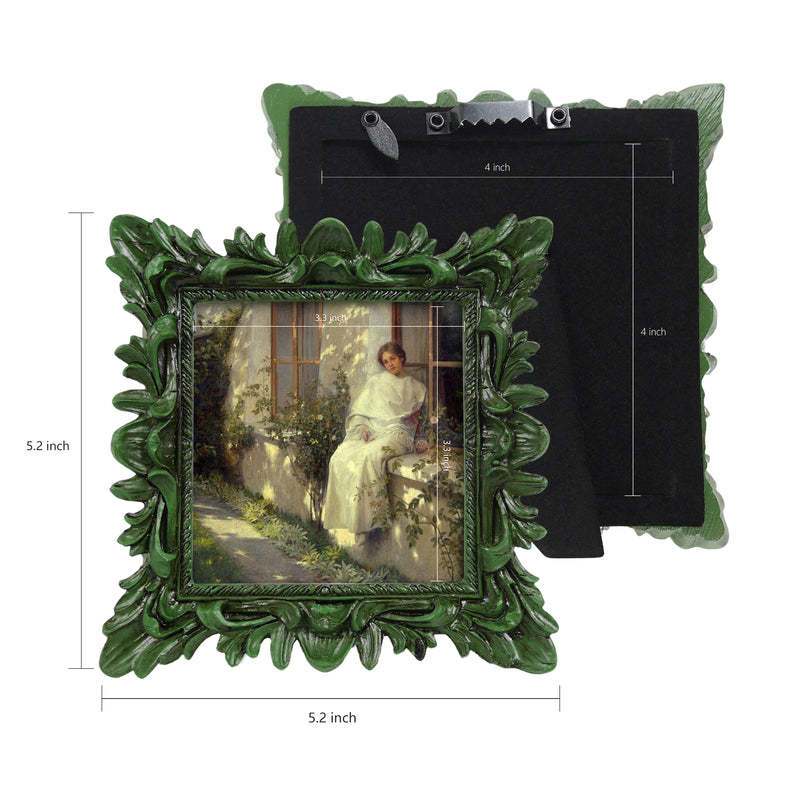 Dark Green Square Picture Frame 4x4, Hand-Painted Floral Border Frame for Home Decor and Gifting