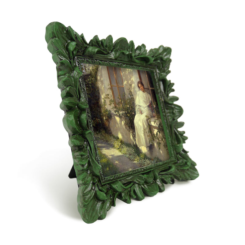 Dark Green Square Picture Frame 4x4, Hand-Painted Floral Border Frame for Home Decor and Gifting