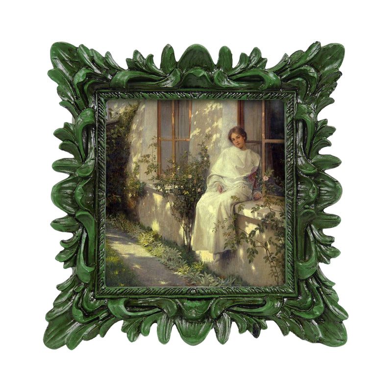 Dark Green Square Picture Frame 4x4, Hand-Painted Floral Border Frame for Home Decor and Gifting