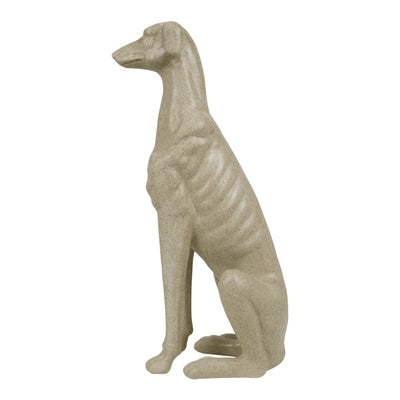 Sand beige greyhound sculpture in sitting pose, side view on white background