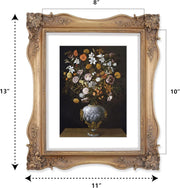 Decorative bronze frame with a painting of flowers and measurements indicated.