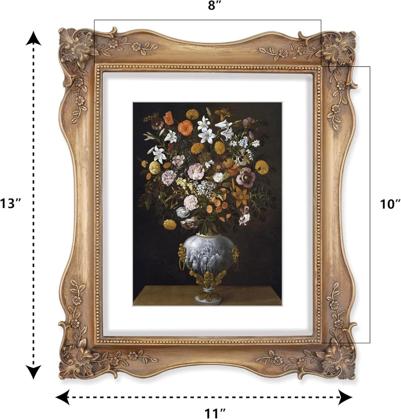 Decorative bronze frame with a painting of flowers and measurements indicated.