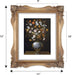 Decorative bronze frame with a painting of flowers and measurements indicated.