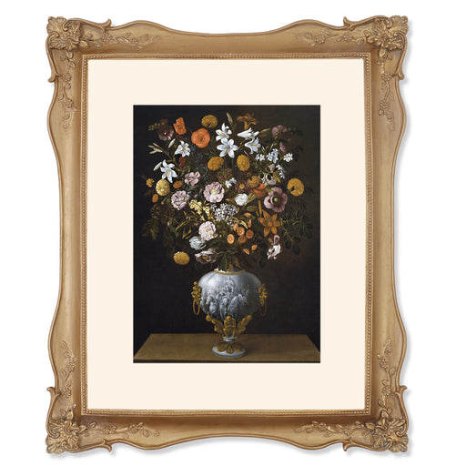 An ornate bronze picture frame with floral carvings around the border, designed for an 11x14 poster.