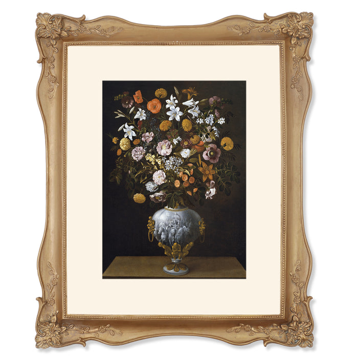 An ornate bronze picture frame with floral carvings around the border, designed for an 11x14 poster.