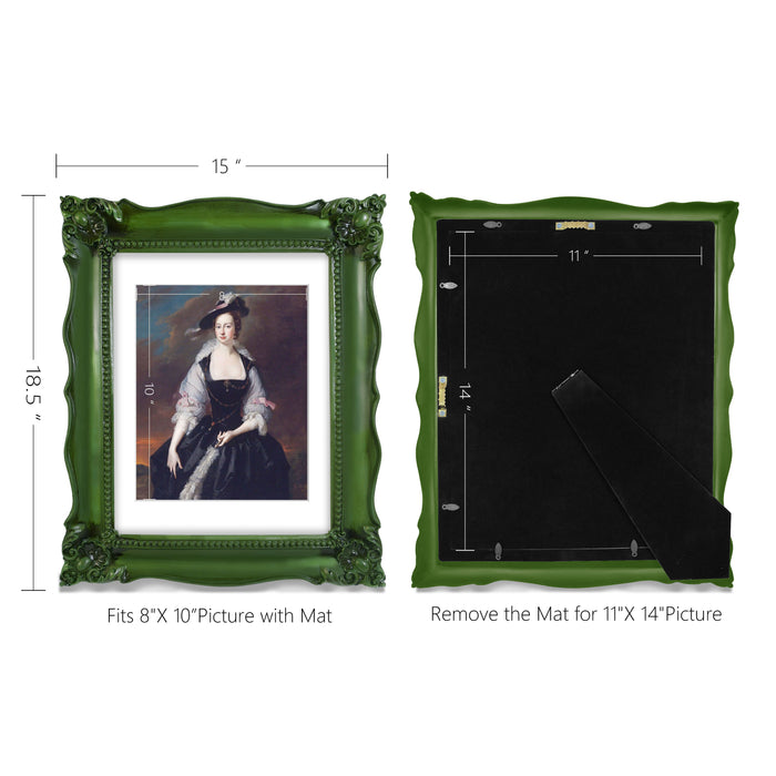 An ornate green picture frame with floral carvings around the border, designed for an 11x14 poster.