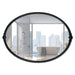 An oval-shaped mirror with a traditional frame in a bathroom setting, reflecting a modern shower stall and bathroom decor.