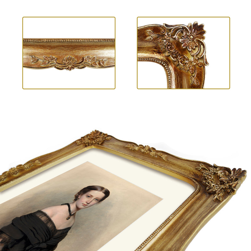 Vintage Picture Frame 11x14 Matted to 8x10 for Wall and Tabletop Display, Hand-Painted Brushed Gold Finish