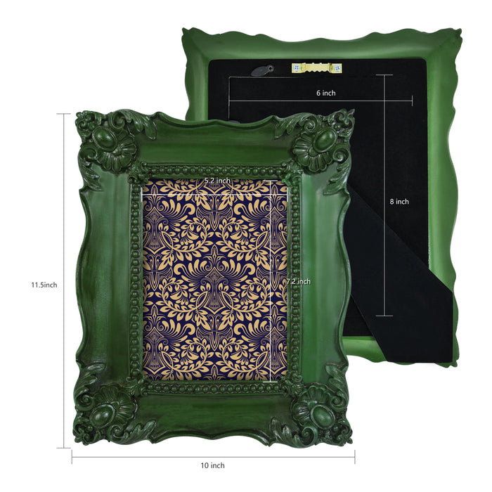 Green decorative frame with intricate design, shown with dimensions on a white background.