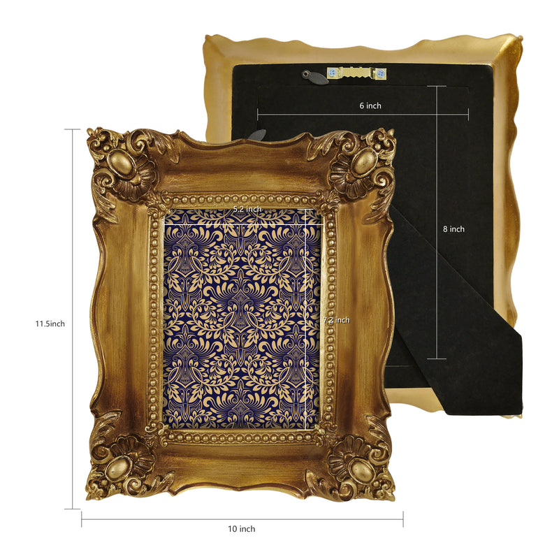 Decorative gold frame with intricate designs and measurements on a white background.