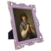 Decorative purple frame with a portrait of a man holding a sword on a white background