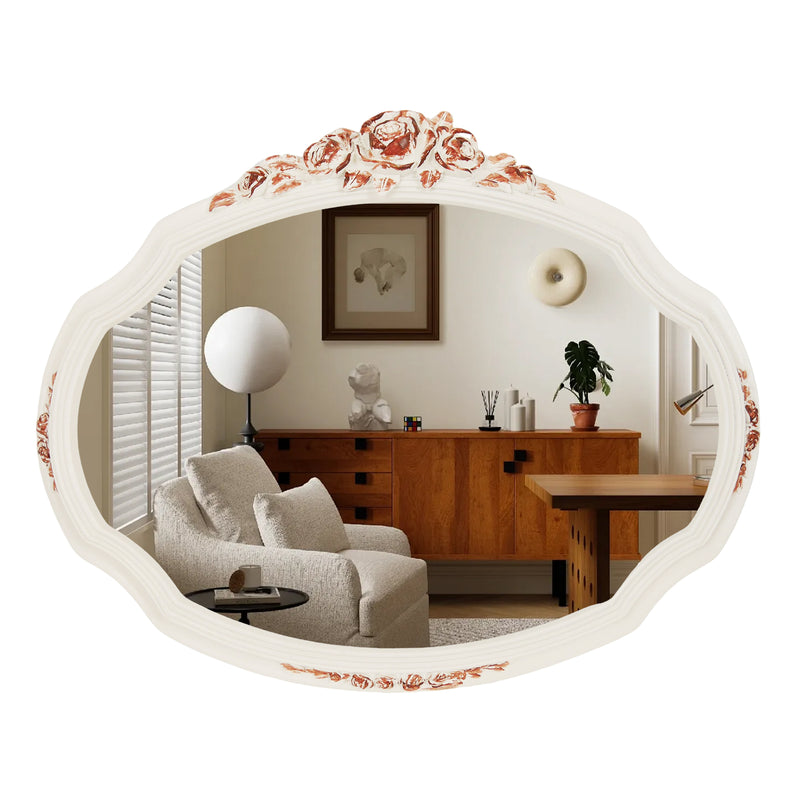 Decorative Mirrors with Rose Floral Carvings for Wall, Shabby Chic White Vanity Mirror for Bedroom Living Room Wedding Décor