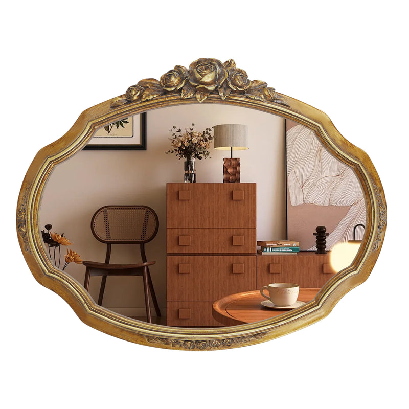 Vintage Gold Mirrors with Rose Floral Carvings for Wall, Decorative Vanity Mirror for Bedroom Living Room Wedding Décor