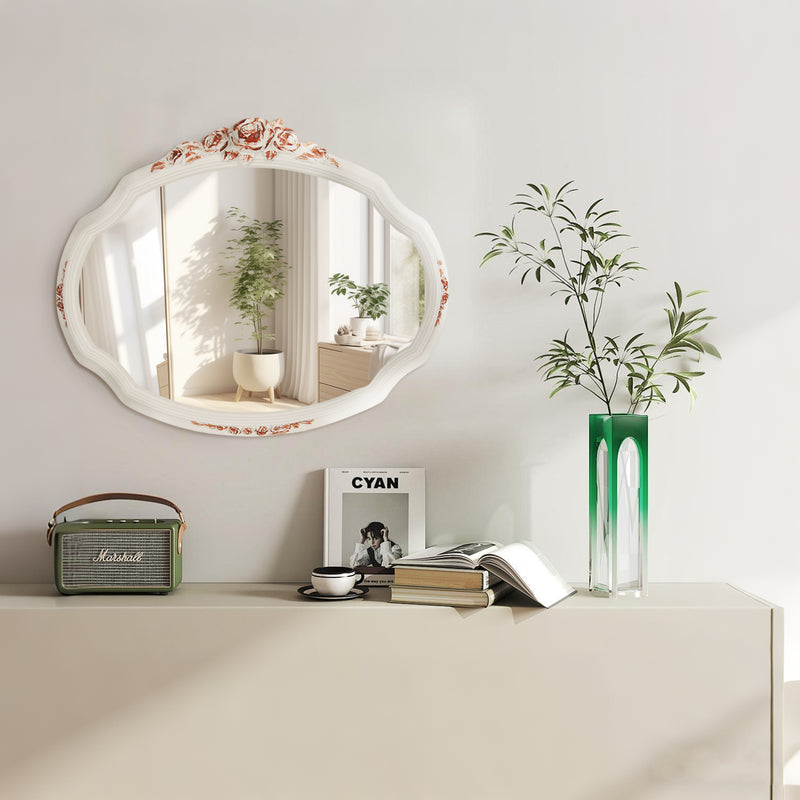 Decorative Mirrors with Rose Floral Carvings for Wall, Shabby Chic White Vanity Mirror for Bedroom Living Room Wedding Décor