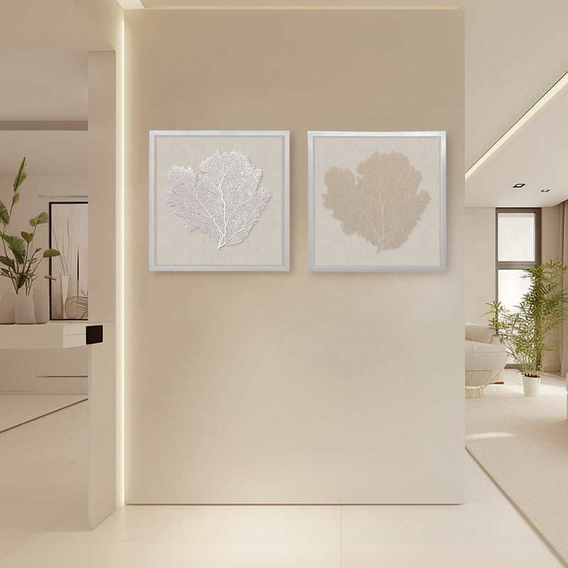 2 PCS Framed Wall Art Sea Fan Coral Beach Home Decor Shadow Box with Linen Backing