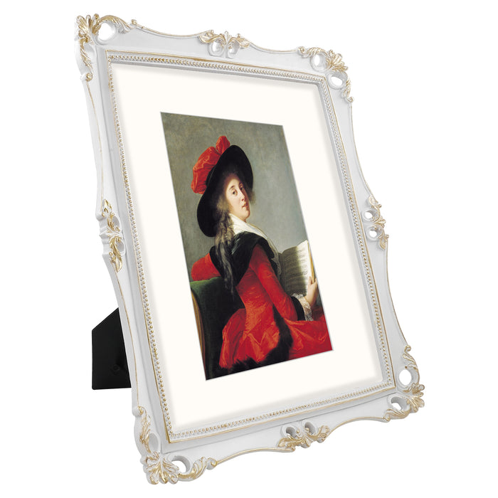 An 11x14-inch picture frame with a mat for an 8x10-inch photo, featuring sculpted edges and decorative accents in a hand-painted antique style finish.