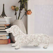 Dachshund statues are beautifully crafted in resin with charming details of paper-cutting style carving.