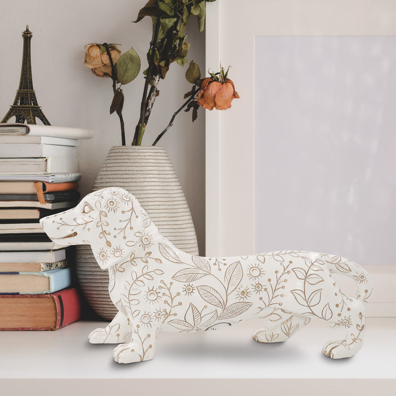 Dachshund statues are beautifully crafted in resin with charming details of paper-cutting style carving.