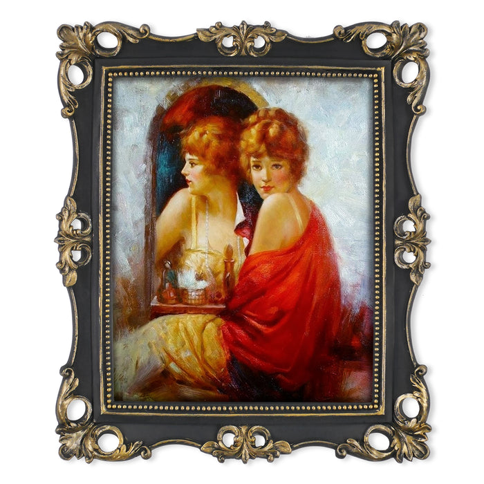 An ornate vintage-inspired picture frame with black edges and gold accents, designed for an 8x10-inch picture, featuring a decorative painting of a woman inside.