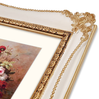 White 8x10 antique picture frame with hand-carved flower embossed border, alternate view showing frame detail

