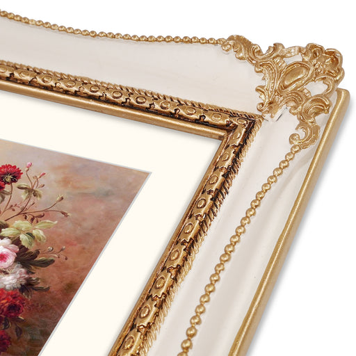 White 8x10 antique picture frame with hand-carved flower embossed border, alternate view showing frame detail
