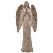 A beige angel figurine standing and praying, made of resin and hand-carved from stone.