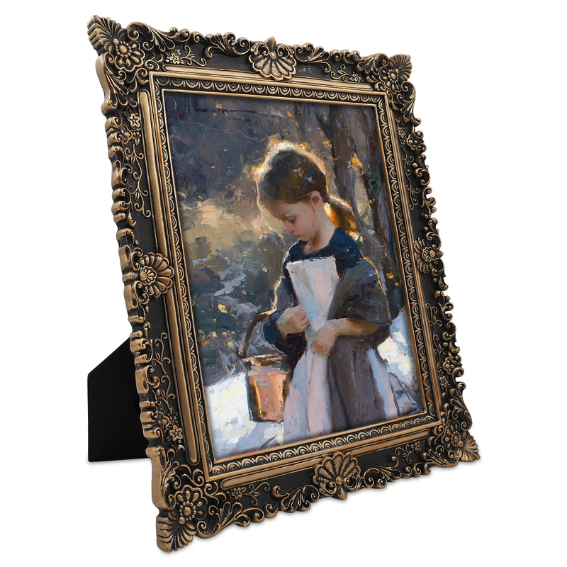 Black 8x10 vintage picture frame with seashell and floral carved border, alternate view showing frame detail