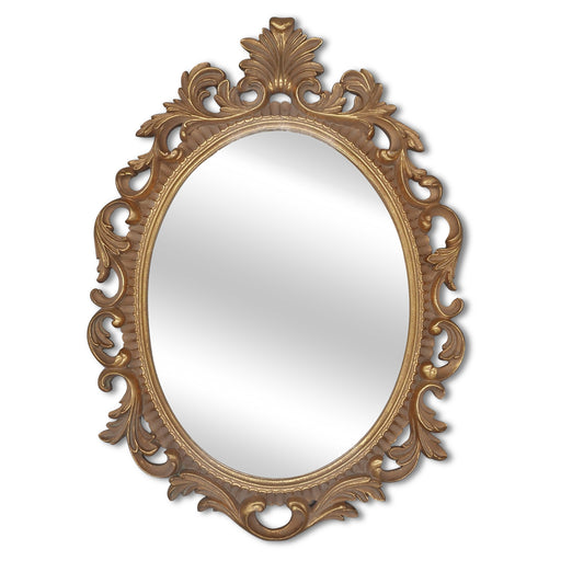 A vintage oval wall mirror with a decorative gold frame, designed for mounting on a wall.