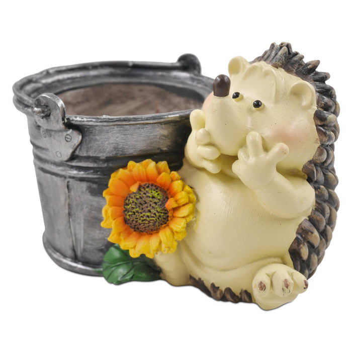 A beige and gray resin hedgehog planter with a sunflower decoration, designed for home garden decor.