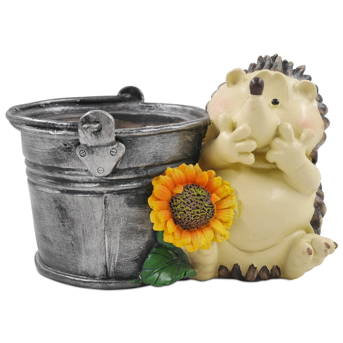 A beige and gray resin hedgehog planter with a sunflower decoration, designed for home garden decor.