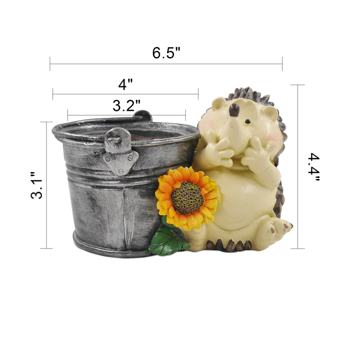 A beige and gray resin hedgehog planter with a sunflower decoration, designed for home garden decor.