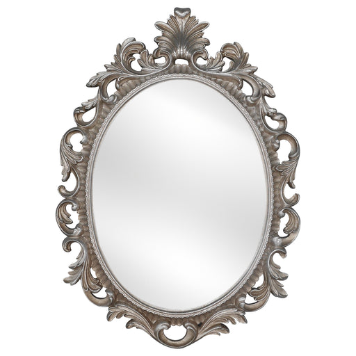 A vintage oval wall mirror with a decorative silver frame, designed for mounting on a wall.