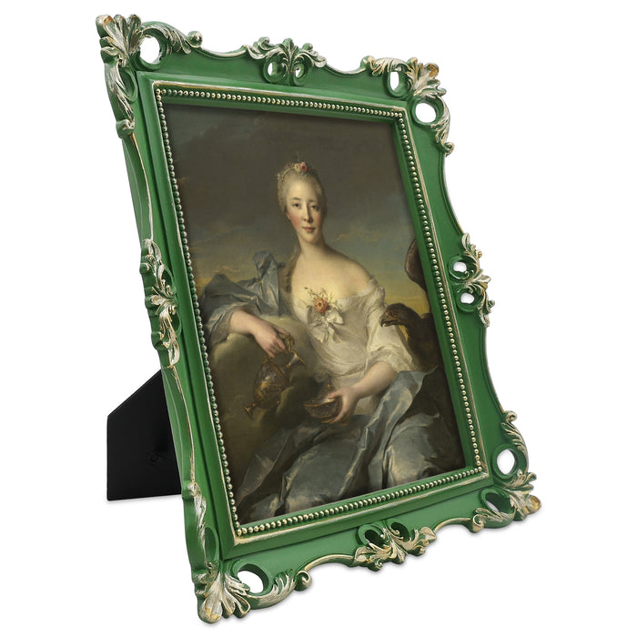 An ornate vintage-inspired picture frame with dark green edges and gold accents, designed for an 8x10-inch picture, featuring a decorative painting of a woman inside.