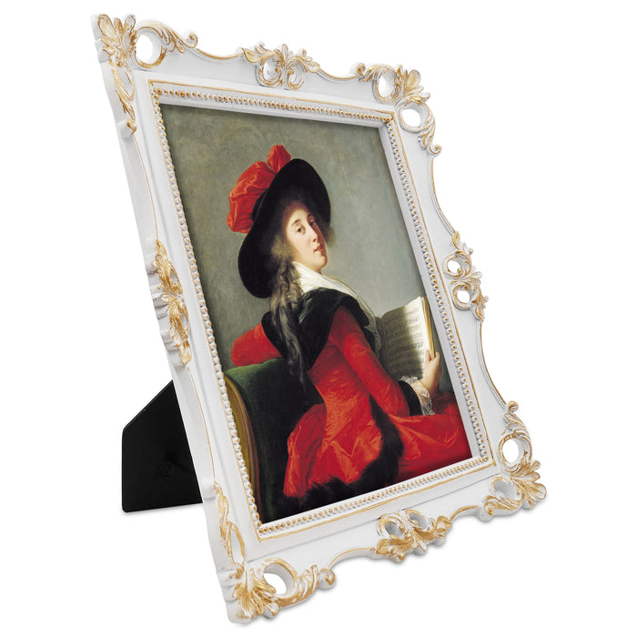 An ornate vintage-inspired picture frame with white edges and gold accents, designed for an 8x10-inch picture, featuring a decorative painting of a woman inside.