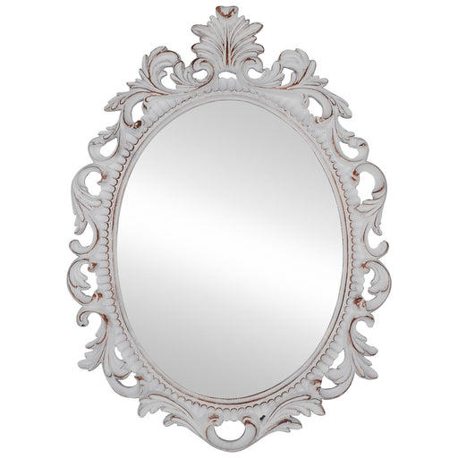 A vintage oval wall mirror with a decorative white frame, designed for mounting on a wall.